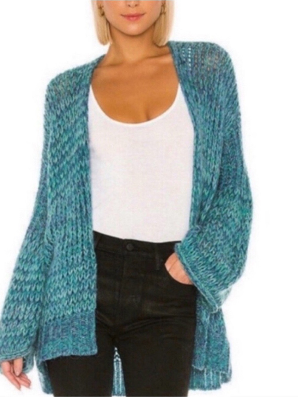 Free People Teal & Blue Marled Open-Front Chunky Cardigan